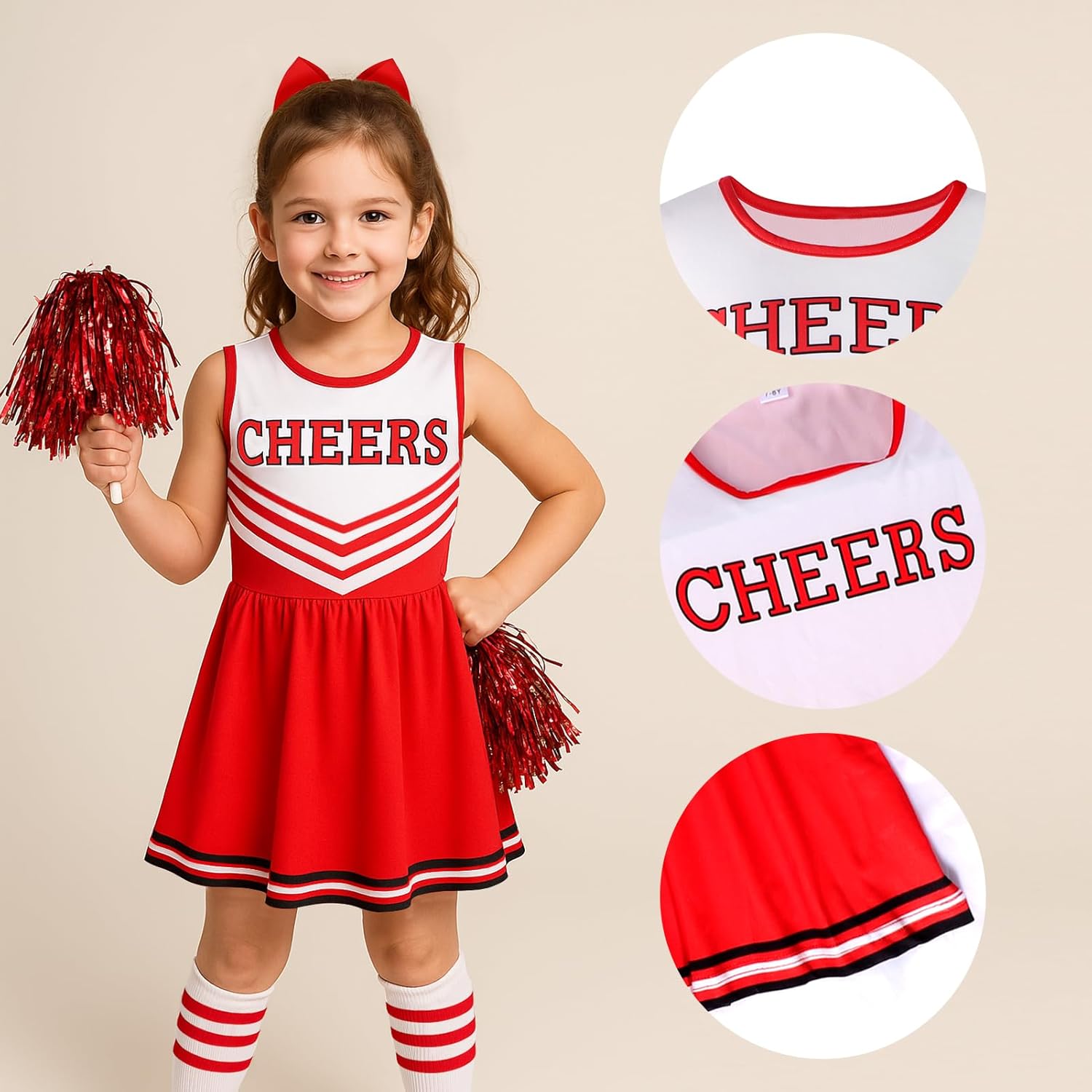 LiuSuper Cheerleader Costume for Girls, Bow&Poms&Socks, Halloween Kids Cheerleading Outfit High School Cheer Leader Dress Up - Image 2