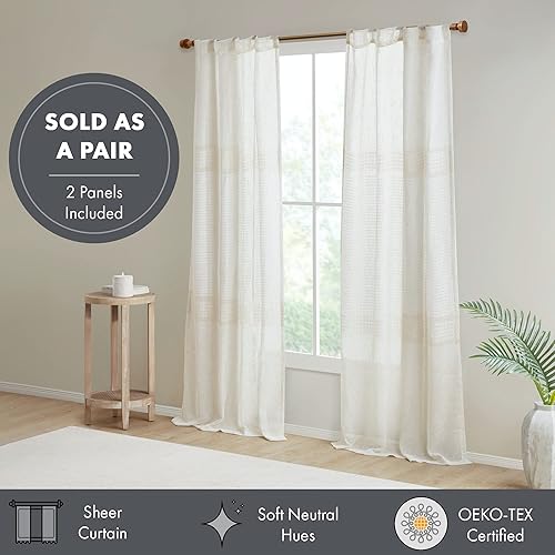 Miniatura 3 de Madison Park Aida - Paquete de 2 paneles de cortinas traslúcidas, teñido de hilo, lino tejido, detalles a mano, par de tratamiento de ventana,