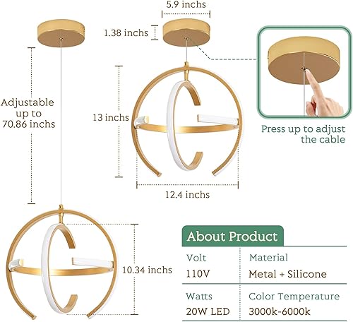 Miniatura 3 de Moderno candelabro LED dorado, luces colgantes de metal cepillado regulables, lámpara de techo colgante para cocina, isla, sala de estar, comedor,