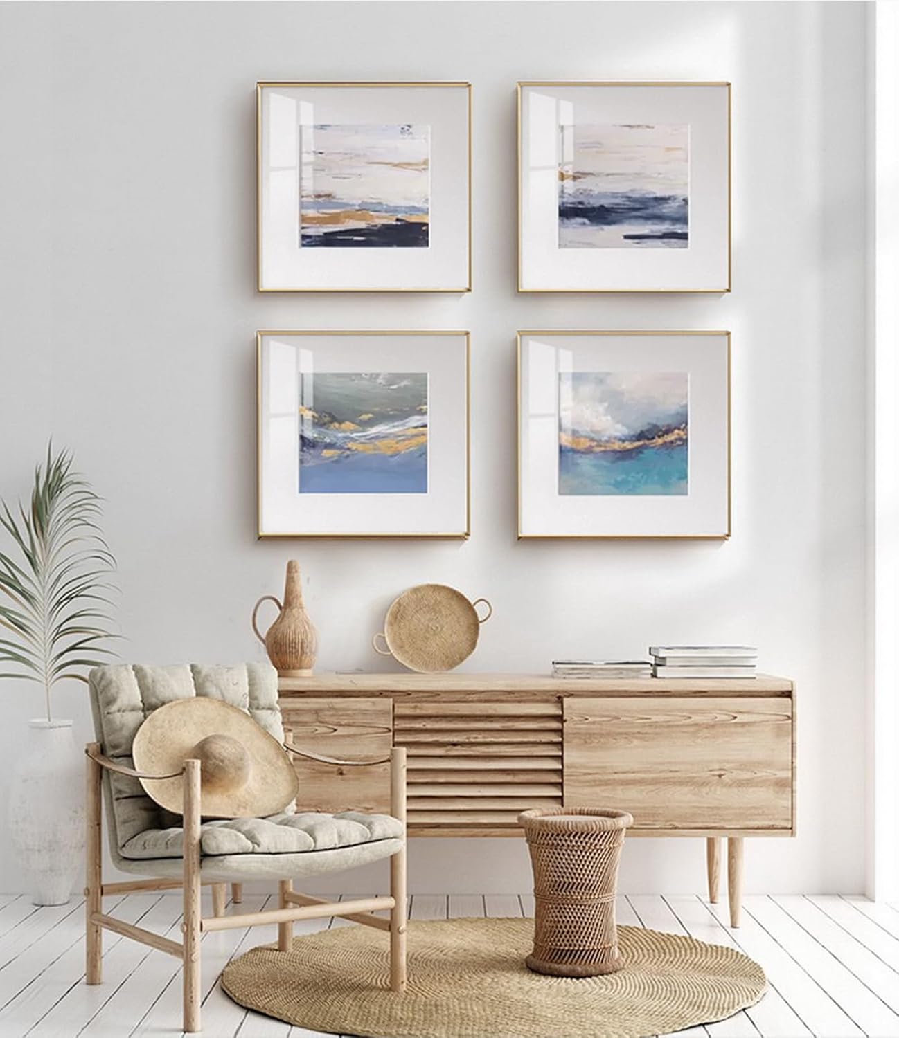 Metal Framed Abstract Canvas Wall Art for Living Room,4 PCS Blue and Gold Canvas Wall Decor for Kitchen, Modern Artwork Picture for Bedroom Office Decor 20x20 inchesx4 Abstract Canvas 20x20inchx4