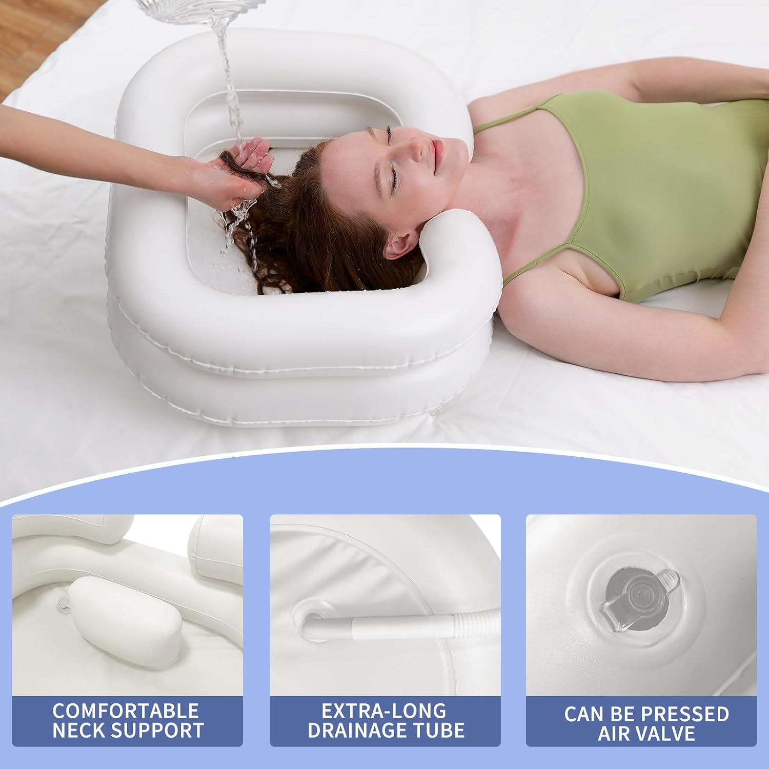 Inflatable Shampoo Basin, Portable Shampoo Bowl with Neck Support Drain Hose for bedridden People, Shampoo Sink for Those Elderly Disabled Pregnant Women Injured (Cream White)