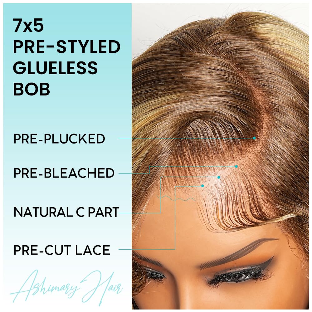 Pre-Styled Body Wave Bob Wig Human Hair Blonde Highlight Wig Glueless 7x5 Lace Front Wig Pre Everything Layered Bob Wig 200% Density 10 Inch