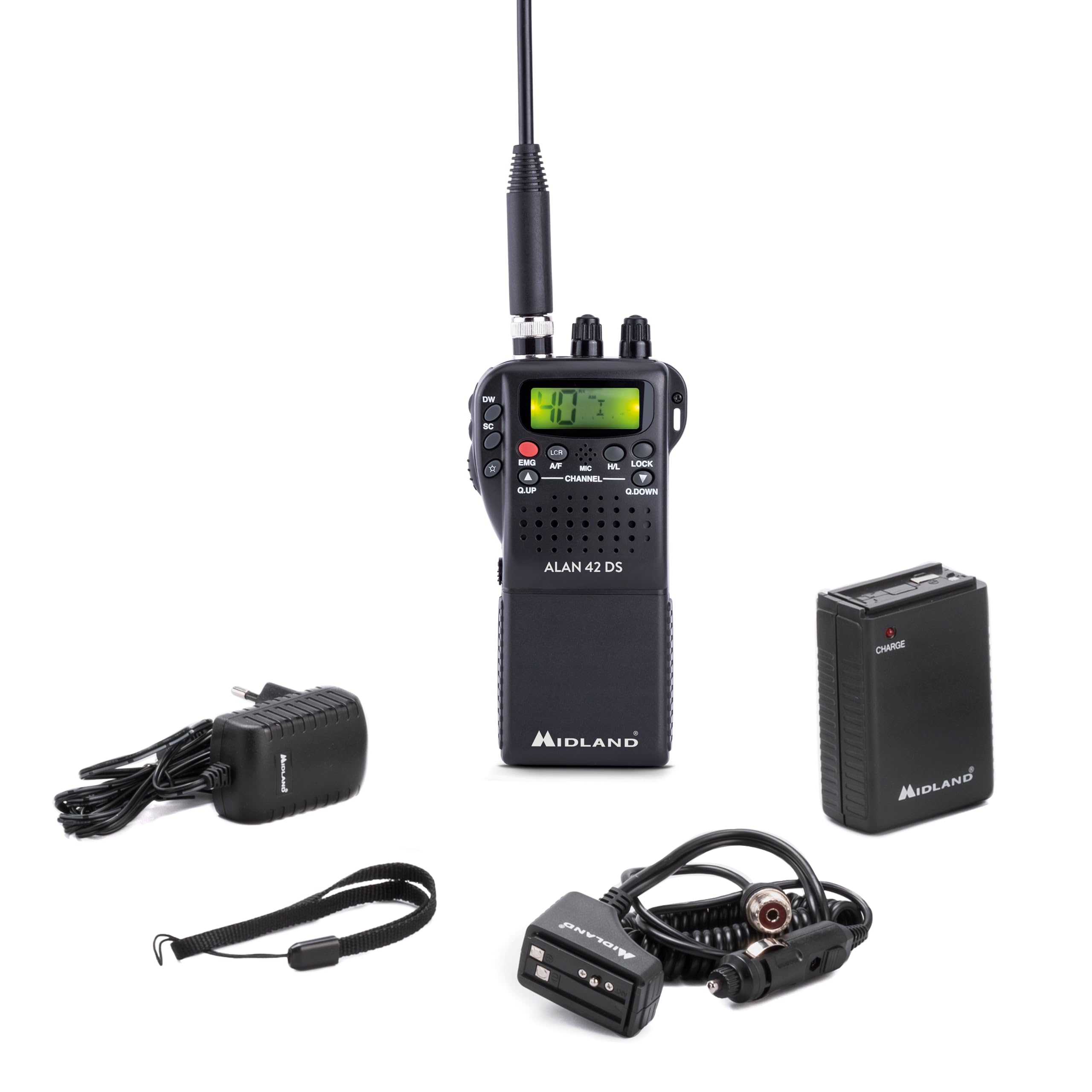 Midland - Radio CB Portable sans Licence Alan 42 DS, Multi Bande pour Tous les Pays EU, Squelch Numérique - Radio Récepteur Émetteur Professionnel AM/FM Prise 2 Pin, Antenne e Autres Accessoires