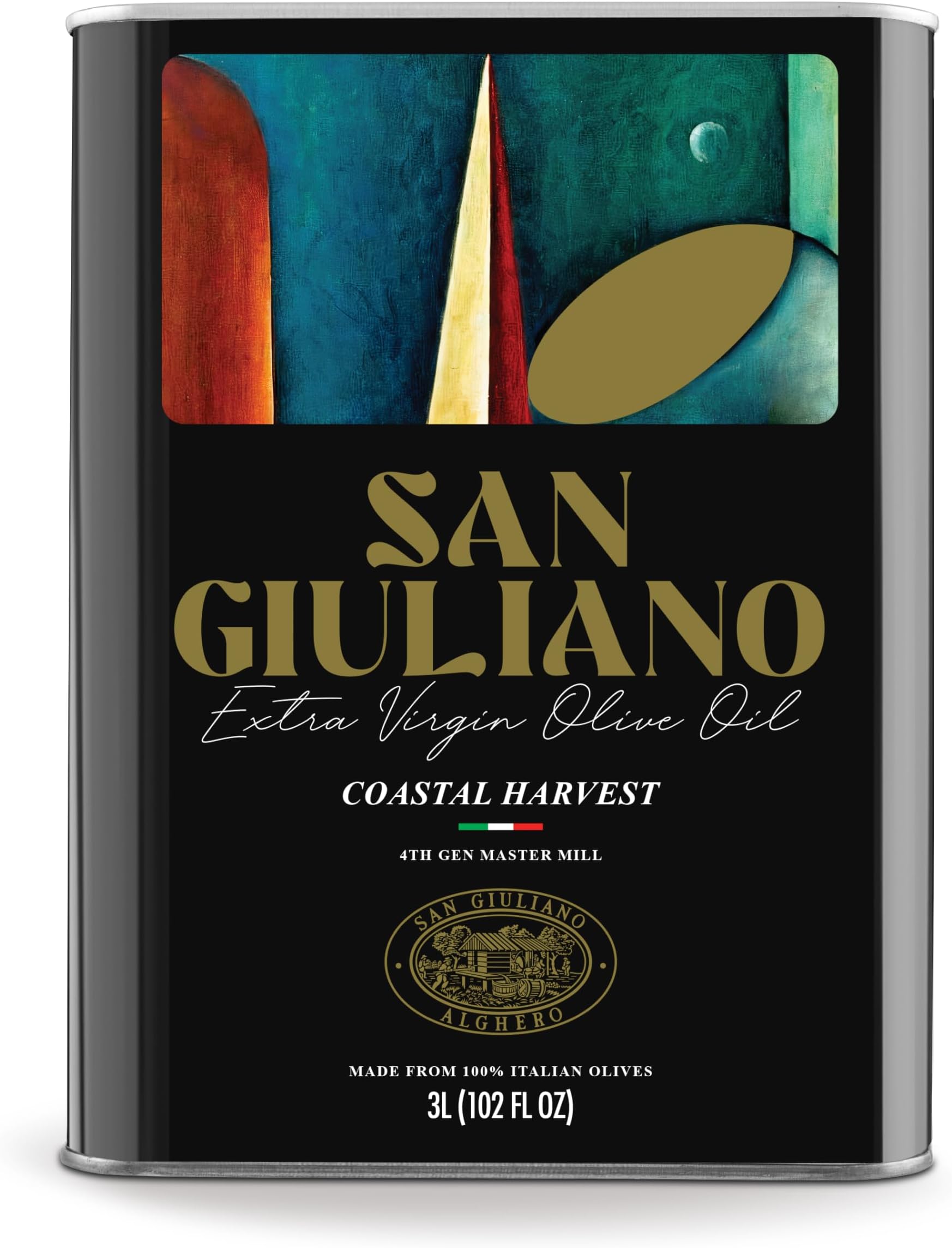 Polyphenol Rich Extra Virgin Olive Oil by San Giuliano, Pure 100% Italian EVOO from Italy, Cold Pressed for Everyday Cooking, Non-GMO Certified, Sustainably Farmed, 3 Liter Tin