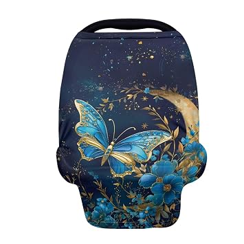 Blue Butterflies Moon Carseat Cover Girls Nursing Carseat Canopy Breastfeeding Cover Multi-use Stretchy Car Seat Covers for Babies, Baby Shower