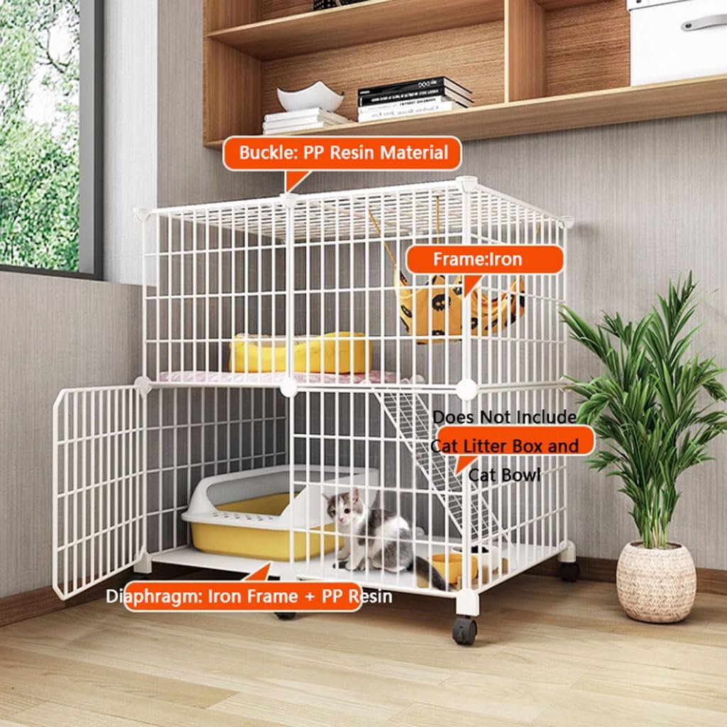 JITEM 2/3 Tier Metal Wire Cat Cage on Wheels Indoor Pet Kitten Ferret Chinchilla Enclosure Large Playpen Kennel for 1-2 Cats, Easy to Assemble Cattery, White
