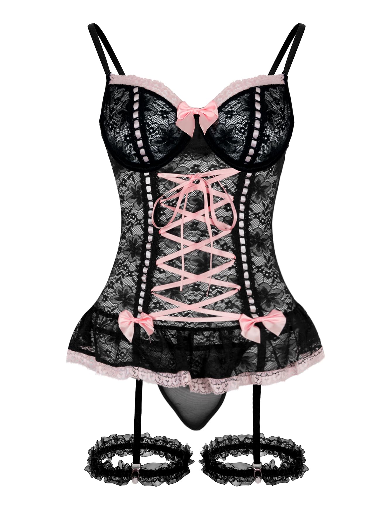 GXNRHG Corsé de Malla Sexy con Volantes y Encaje con Aros, Liguero Transparente, picardías, Conjunto de lencería con Tanga, 3 Piezas