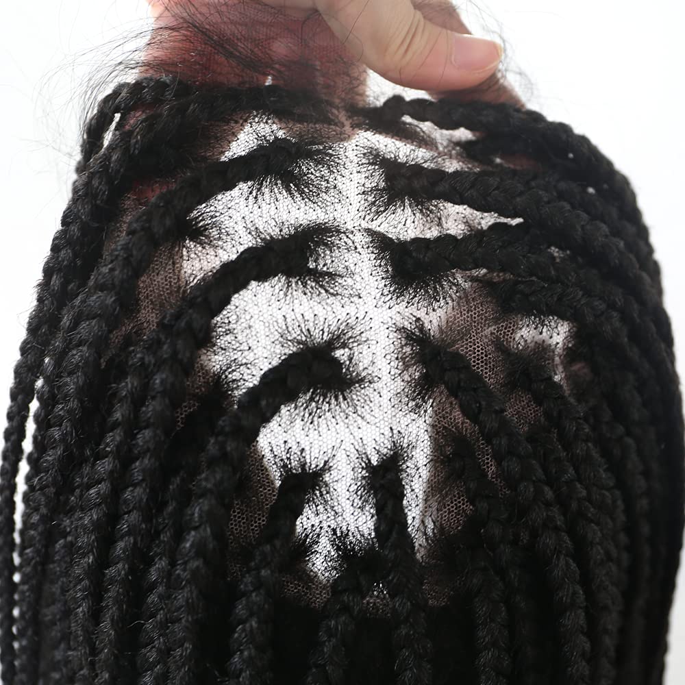 35'' Long Braids 13''x7'' Swiss Lace Braided Wigs For Black Women Box Braid Wig With Baby Natural Looking Hair Premium Quality Kanekalon Synthetic Front (#1B Black)