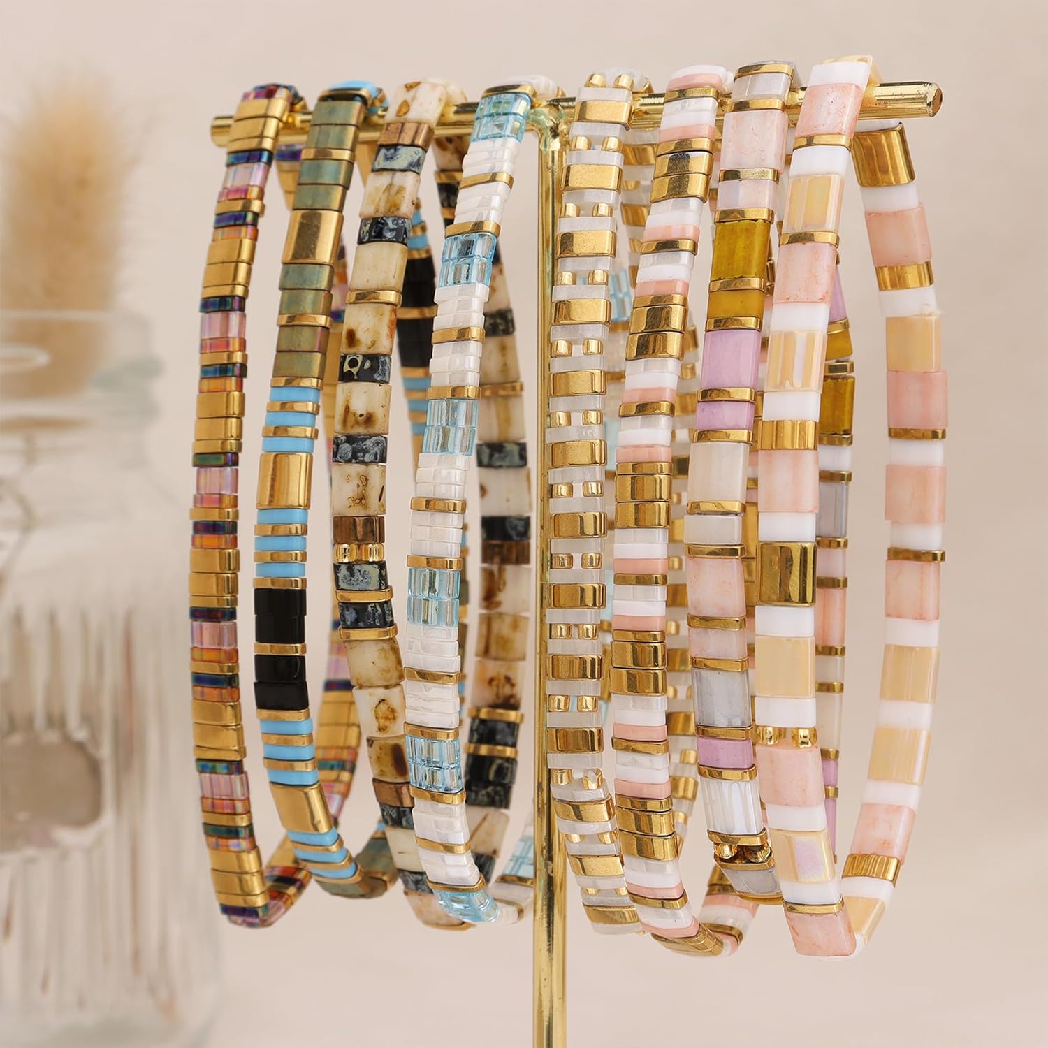 Sonateomber Tila Flat Beaded Stretch Bracelets for Women, Trendy Unique Handmade Stackable Gold Beige Square Beads Miyuk Link Bracelet Summer Jewelry Gift - Image 3