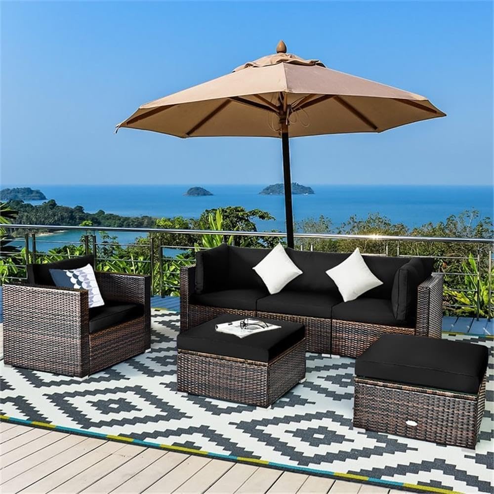 Pemberly Row 6-Piece Rattan Patio Furniture Set, Black PE Wicker with Sponge Padded Cushions, Modular Design, Convertible Ottoman/Glass Coffee Table, Durable Outdoor Sofa Set for Patio or Garden Use
