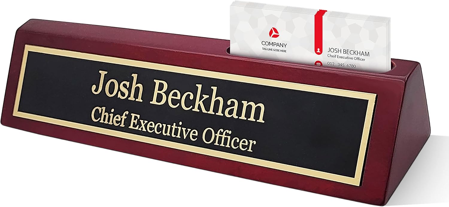 Elegant Wood Name Plate for Desk | Custom Desk Name Plate Personalized Gift for Office, The Perfect Engraved Name Plaque - Rosewood Piano Finish (2x10 Inches With Card Holder)