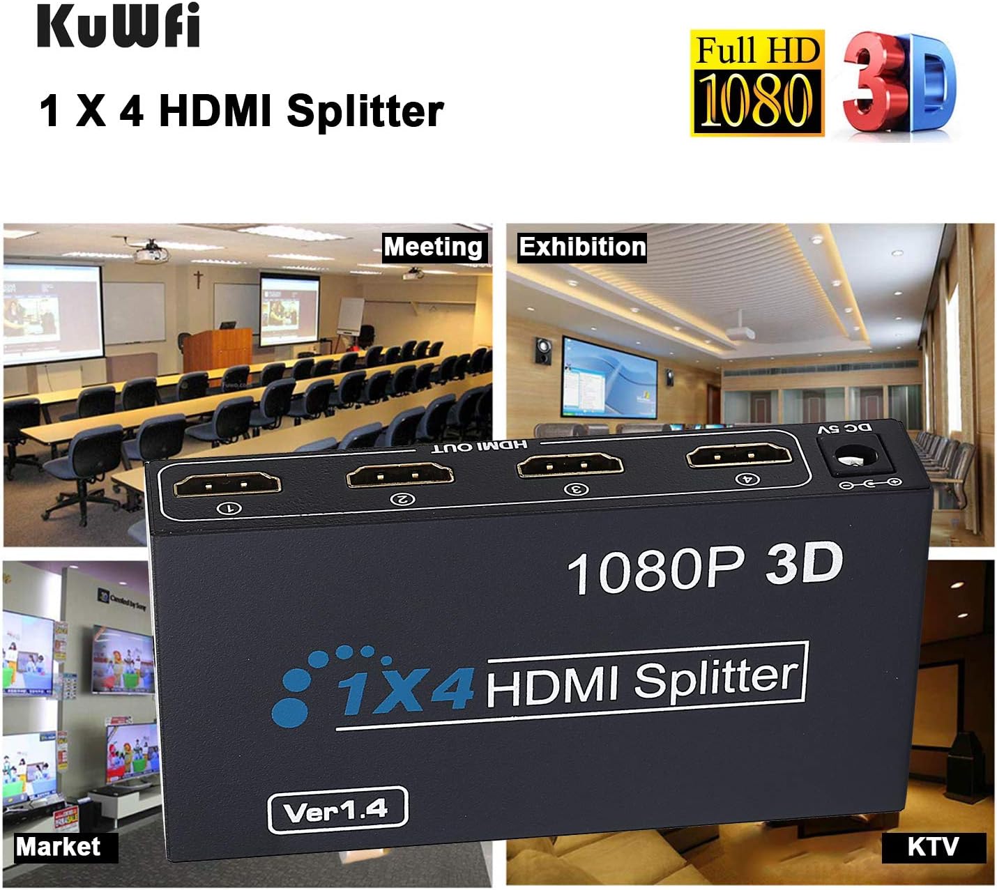 1x4 HDMI Splitter, VSVABEFV HDMI Splitter 1 in 4 Out Audio Video Distributor Box Support 3D & 4K, Compatible with PC, PS3 games, Blu-ray DVD, tablet, projector Etc: Electronics