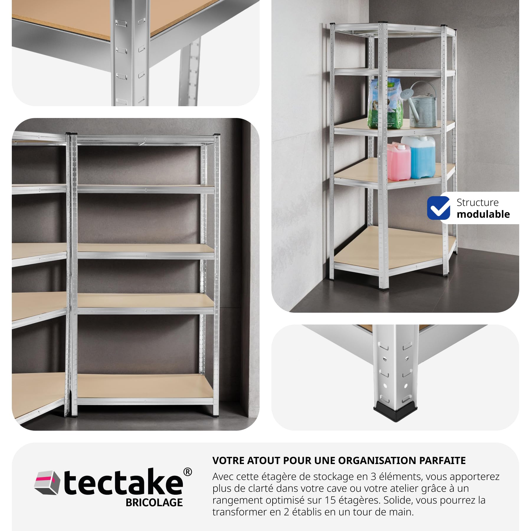tectake® Étagère Garage Étagère Charge Lourde Meuble de Rangement modulable en métal 15 étagères Max. 175 kg par étagère Rangement Outils Rangement Atelier pneus Rangement buanderie