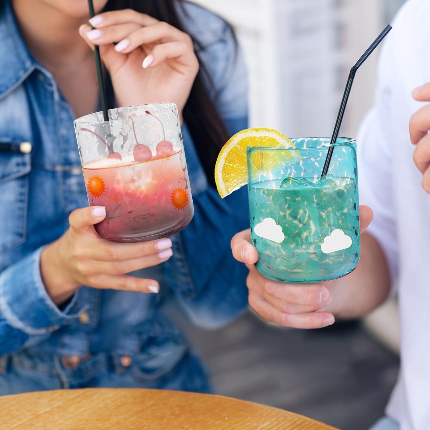 Skylety 2 Pcs Icon Juice Glass Rocks Glasses 14 Ounce Sun and Cloud Icon Wine Glasses Set Double Old Fashioned Hand Blown Cocktail Couple Cups for Women Home Decor Lovely Gifts - Image 5