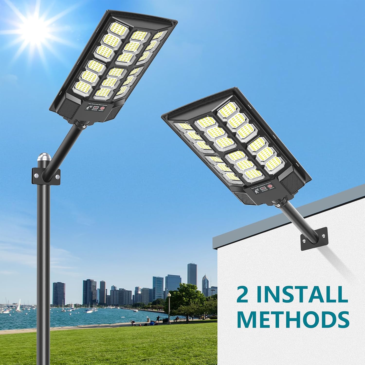 Solar Street Lights Outdoor - Wide Angle, Motion Sensor Solar Flood Lights Waterproof, 6500K Parking Lot Lights Dusk to Dawn, Remote Control for Outside Area Lighting