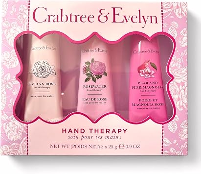Crabtree & Evelyn Hand Therapy Gift Set, 3 x 30ml Hand Creams, Rosewater, Pear and Pink Magnolia, Evelyn Rose Collection