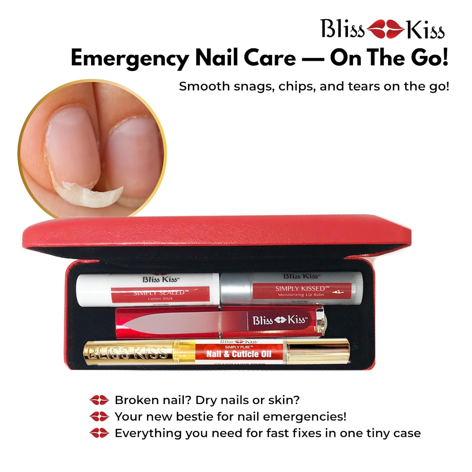 Bliss Kiss Nail Travel Manicure Kit - Great Gift Idea - Easy carry, to-go case to care for your nails, skin, and lips - Hydrating Nail and Cuticle Oil, Lotion Stick, Crystal Nail File, Lip Balm