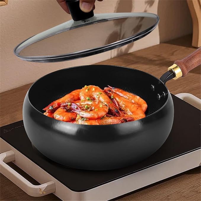 Sartén de hierro fundido japonés, 24 cm, con tapa y mango de madera miniatura 5