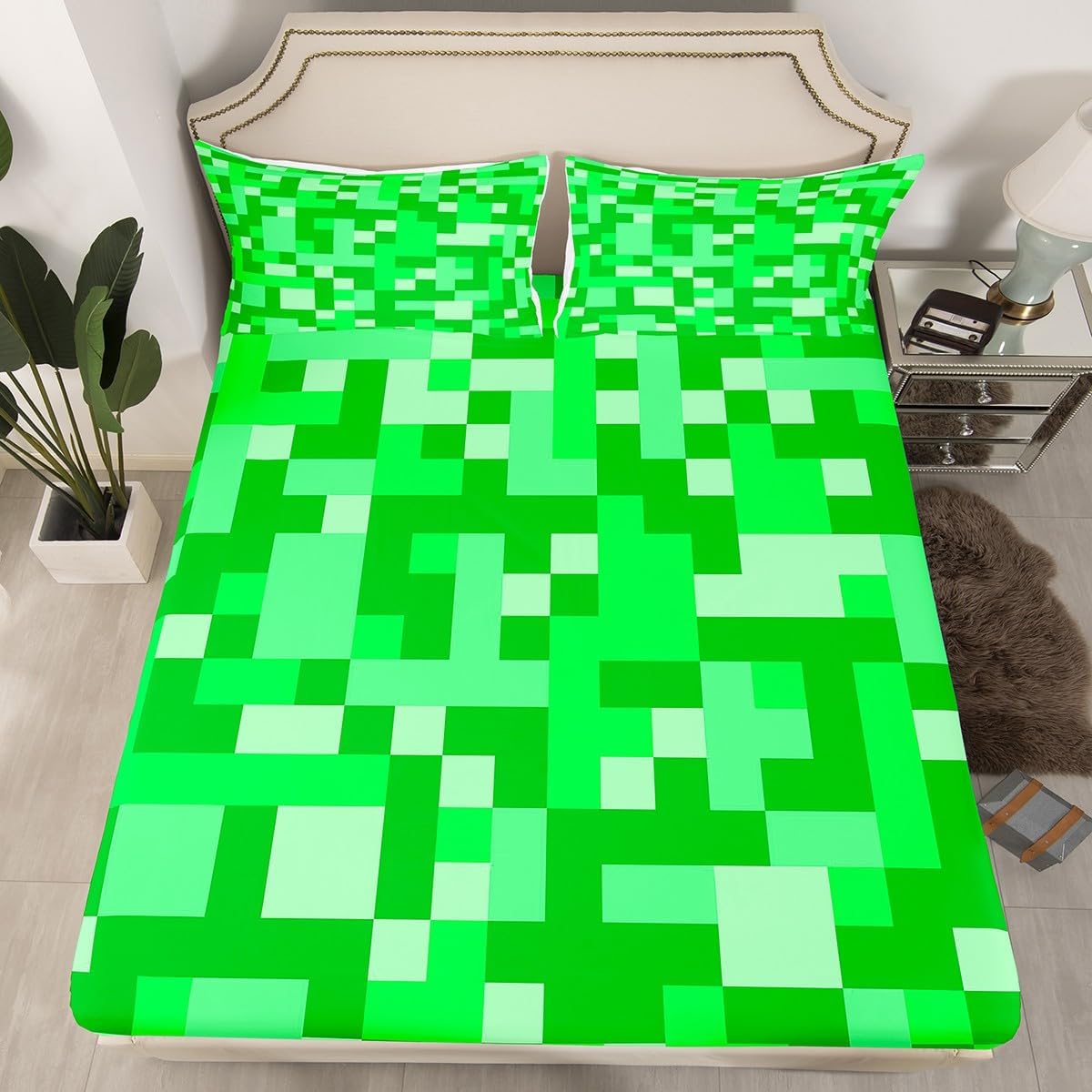 Pixelated Miners Game Kids Full Size Fitted Sheet,Video Games Gamepad Gaming Boys Girls Bed Sheets,Modern Geometric Square Room Decor,Light Green Bedding Set,2 Pillowcases(No Flat) image 5