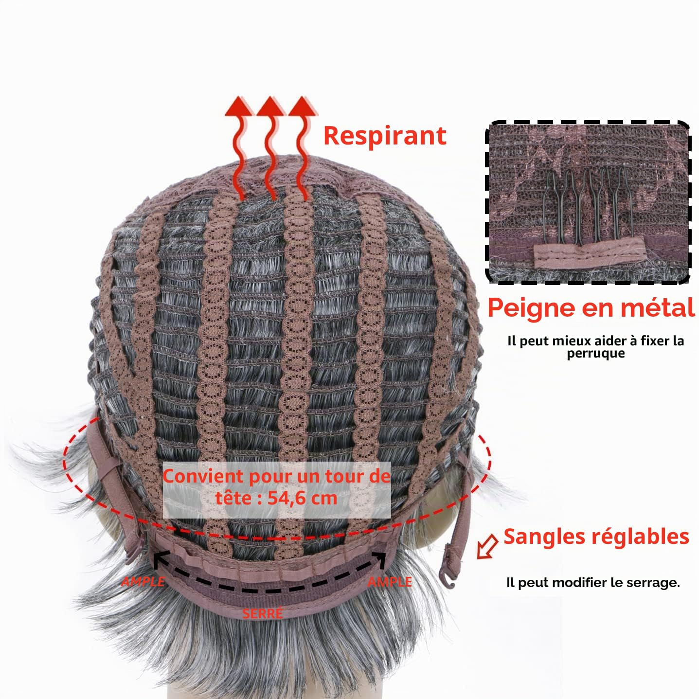 BECUS Perruque Courte Grise Ombrée pour Femme – Perruque Synthétique Naturelle avec Frange pour Usage Quotidien, Cosplay et Fête(Gris Argenté Avec Racines Noires)