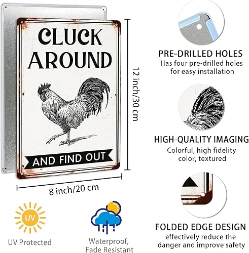 Miniatura 2 de Cluck Around and Find Out - Letrero de metal para el hogar, granja, gallinero, decoración de pared de cocina, accesorios de decoración de pared,