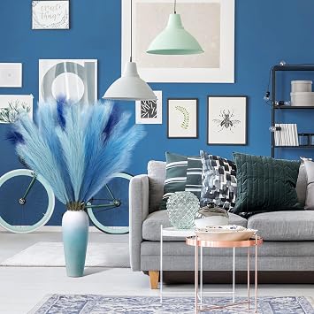 KALYLOC 9Pcs 3FT Dark Blue Faux Pampas Grass Tall Fluffy Artificial Bulrush