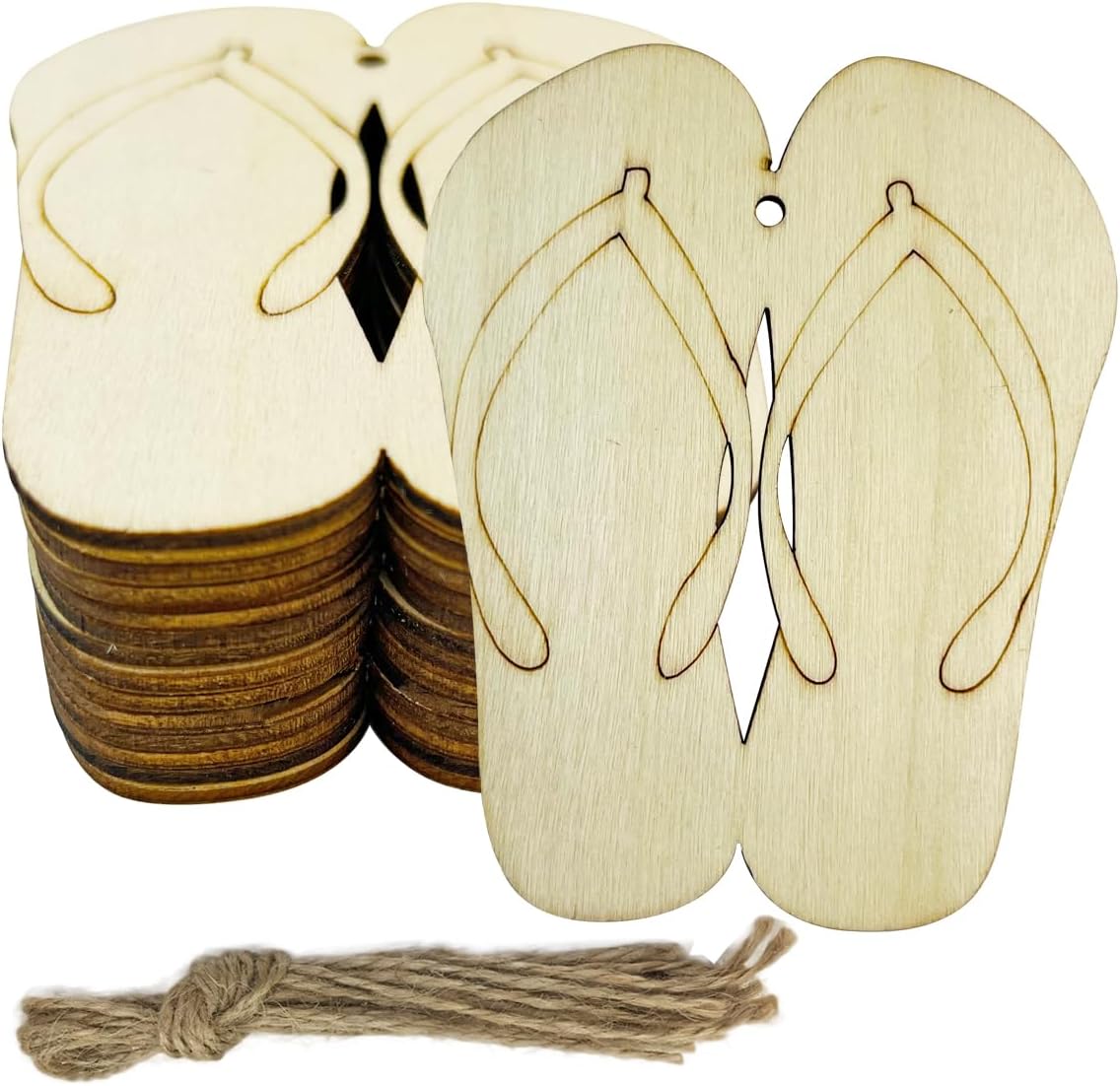 30PCS Unfinished Slipper Wood DIY Crafts Cutouts Wooden Flip Flop Shaped Hanging Ornaments with Hole Hemp Ropes Gift Tags for Hawaii Summer Holiday Beach Party Decoration