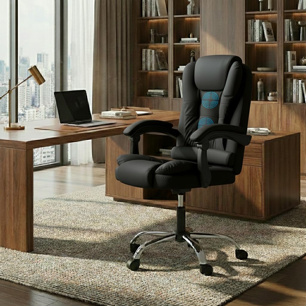 Casa Copenhagen Italia Premium Leatherette Office Chair for Work | Boss Chair, Ergonomic Executive, Luxurious Cushioned Arms & Seat, 2 Point Back Massager, Heavy Duty Metal Base (Black)