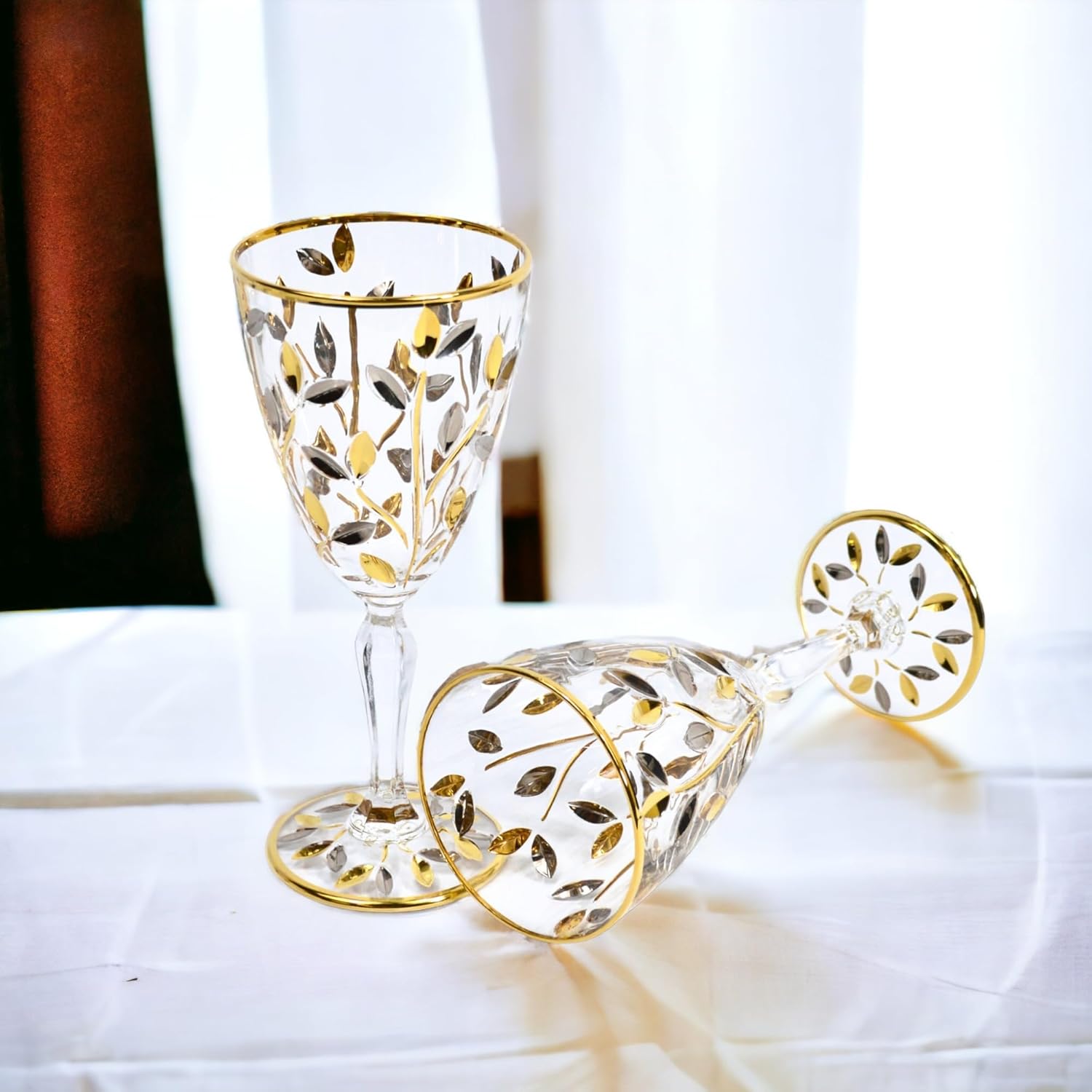 Crystal Italian Red Wine Glasses, Platinum/Gold Color, Set of 2, Flowervine, 8 oz Glasses, Modern, Perfect for Cocktails or White Wine, Made In Italy