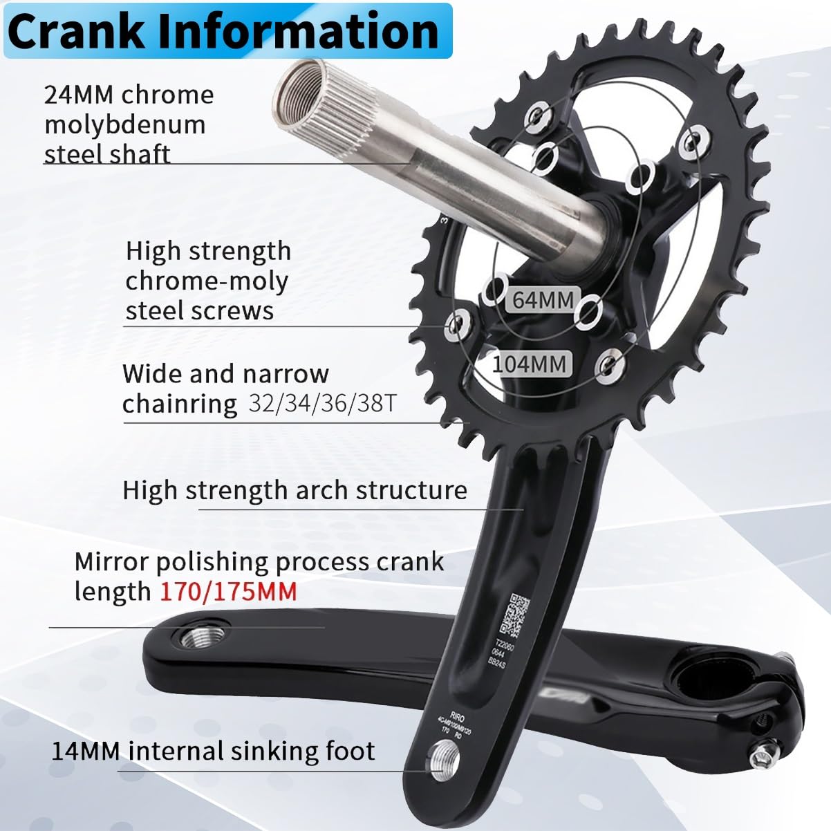 Guarnitura da 170mm/175mm 104/64 con Ingranaggi Ovali da 32T/34T/36T/38T Integrato Cavo Set di Pedivelle in Lega di Alluminio per Bicicletta da Montagna con BB(170mm,38T)