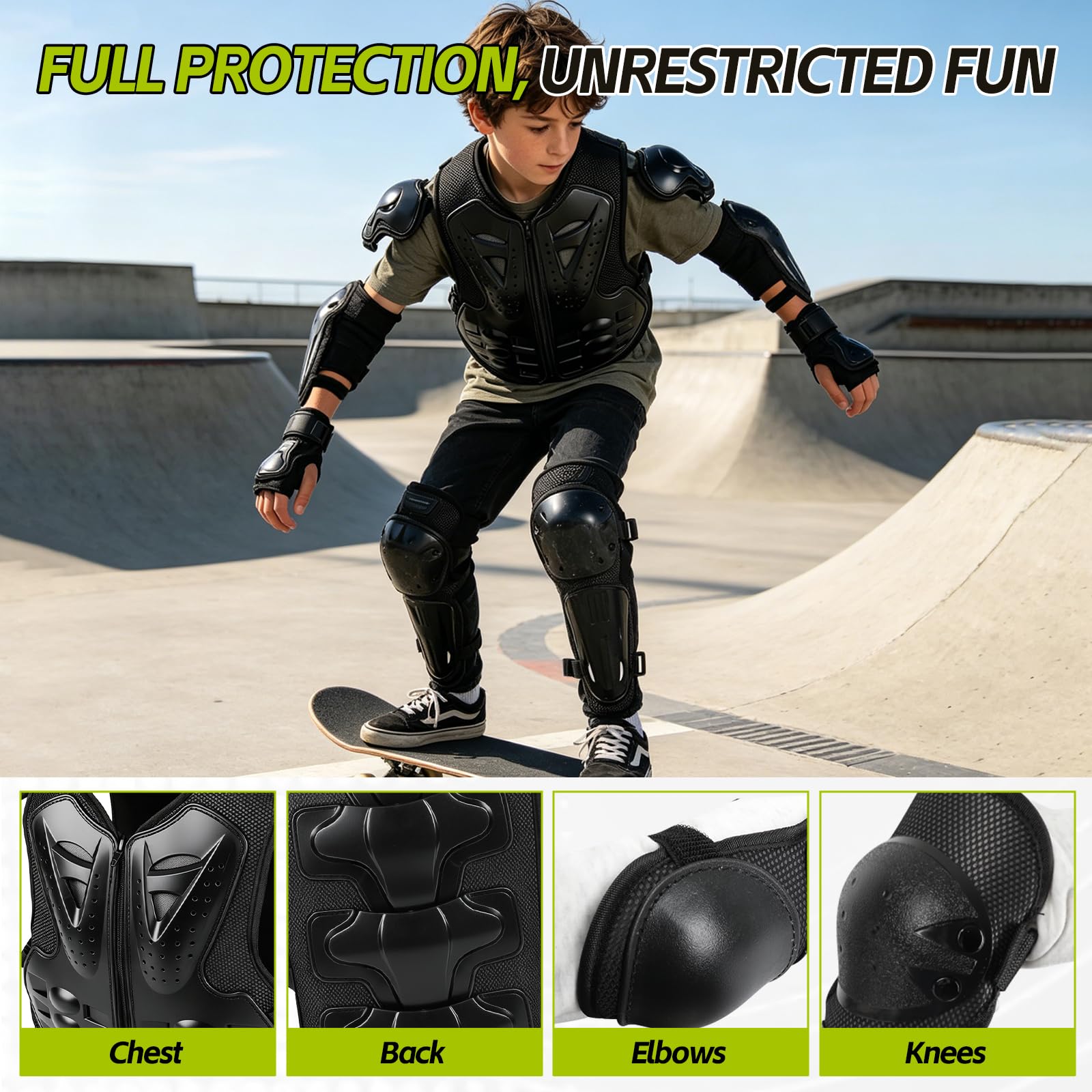 Traje de armadura corporal de motocicleta para niños, chaqueta protectora de motocicleta de 5 piezas con rodilleras, coderas, protector de pecho para ciclismo, motocross, patineta, actividades al aire