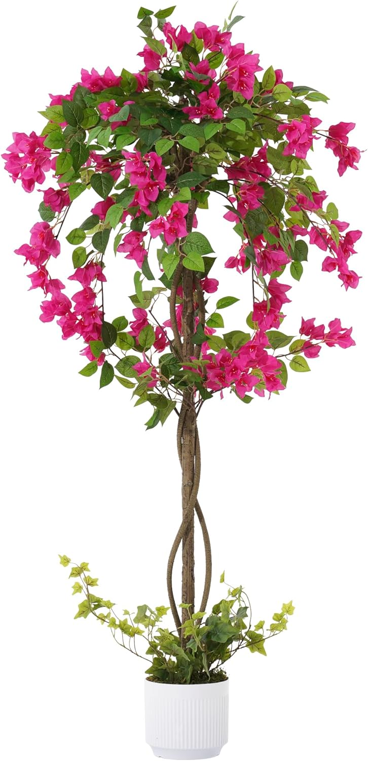 4FT Artificial Bougainvillea Tree, Tall Faux Bougainvillea Plant with Vibrant Pink Flowers, Large Potted Fake Tree for Indoor Living Room, Office, Patio, Porch, and Garden Decoration