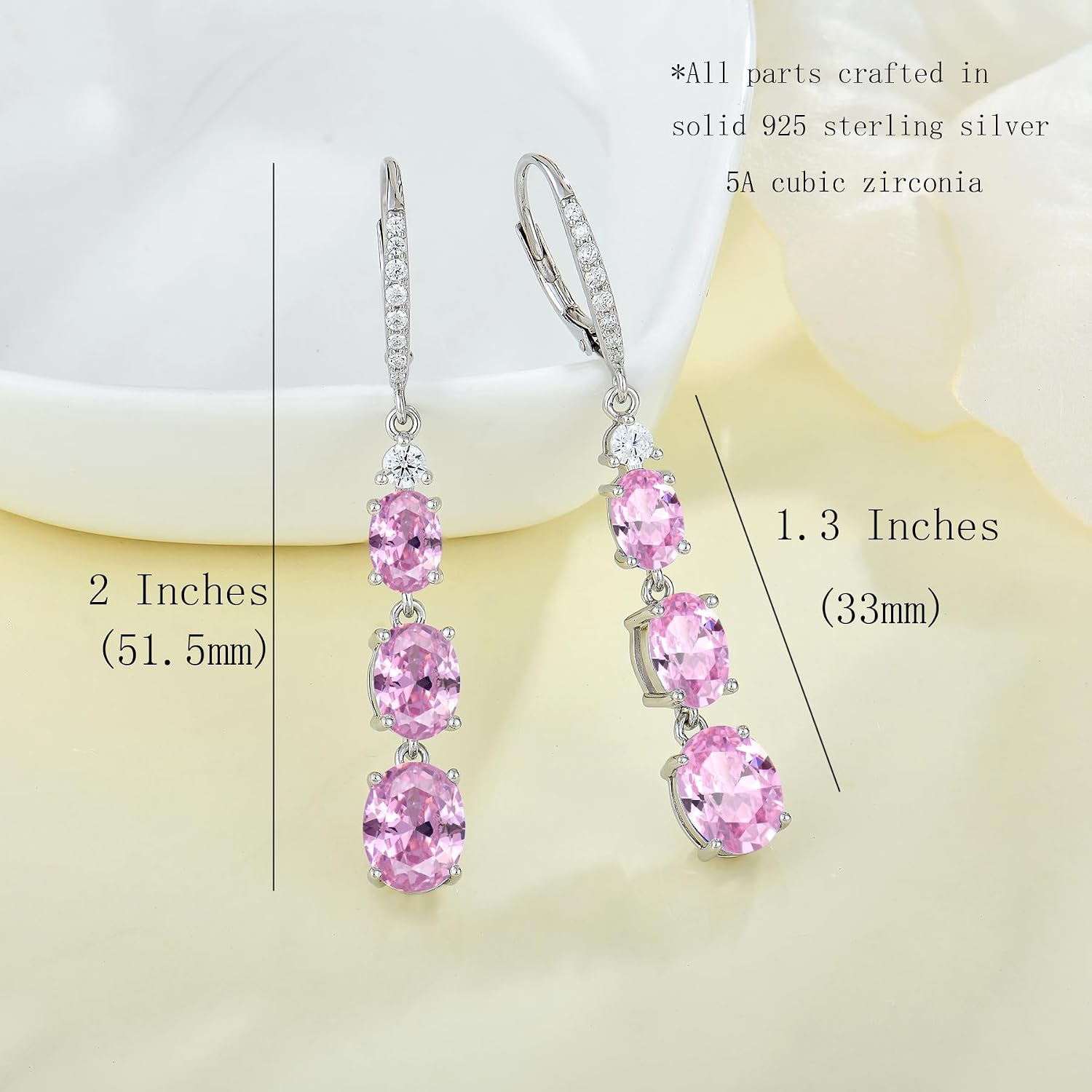 Created Pink Tourmaline October Birthstone Jewelry Set 3 stone Long Blue Drop Earrings Necklace Set