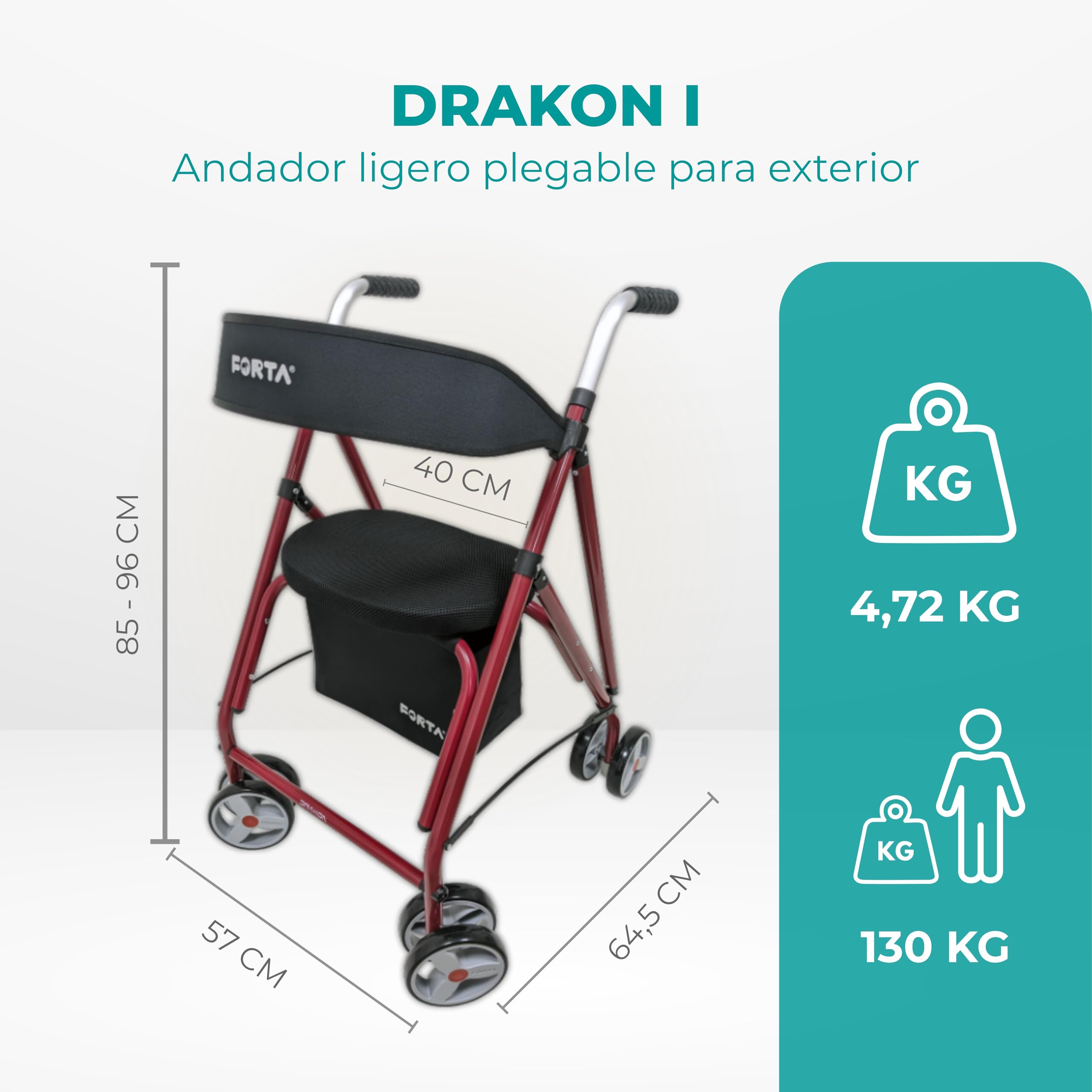 Forta Drakon 1 - Andador Ligero y Plegable Para Personas Mayores - Andador Con Asiento, Para Uso Exterior, Soporta Hasta 130 kg (Rojo)