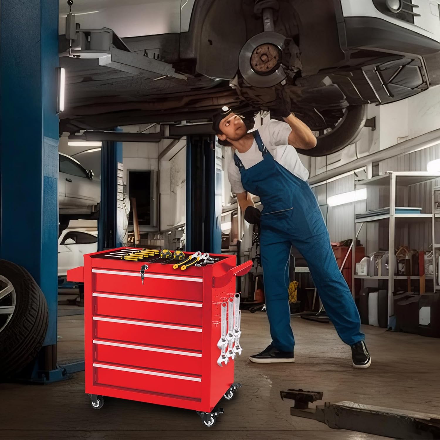 Rolling Tool Chest with 5 Drawers, Metal Tool Box with Wheels, Locking Garage Storage Cabinet Sliding Tool Drawer Cart on Wheels Toolbox Organizer Workbench for Workshop Repair Shop(Assembly Required)