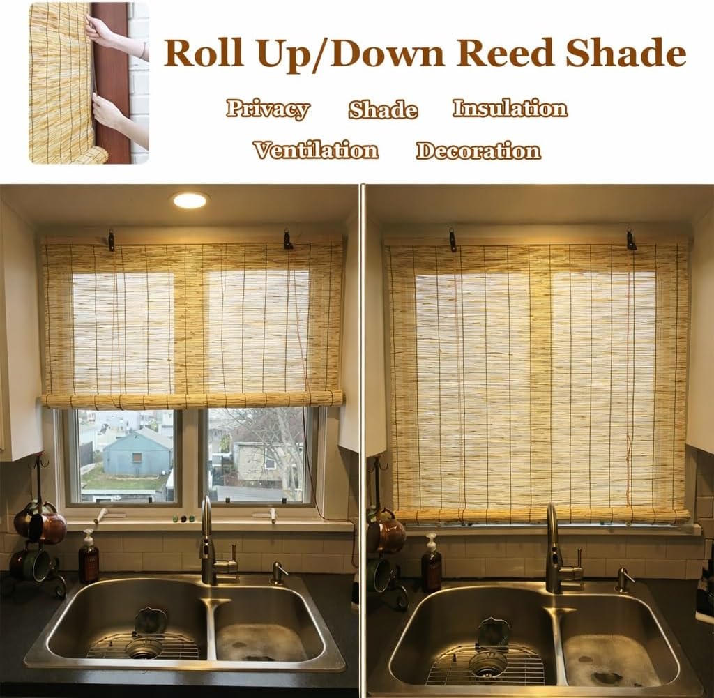 Bamboo Roll Up Window Shades for Outdoor Patio, Natural Woven Bamboo Privacy Blind 24"–72" W, Cordless Easy Hanging Roller Shade for Indoor & Outdoor Use(Natural,54" W x 59" H)