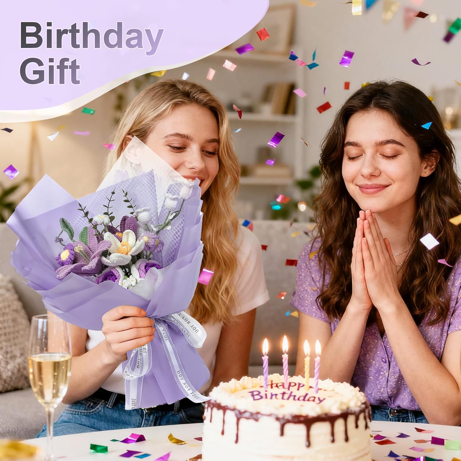 Valentine’s Day Crochet Flower Bouquet, Everlasting Purple Knitted Flowers with Tulips & Crochet Roses, Elegant Valentines Flowers Gift for Her, Handmade Floral Bouquet Home Decor - Image 4