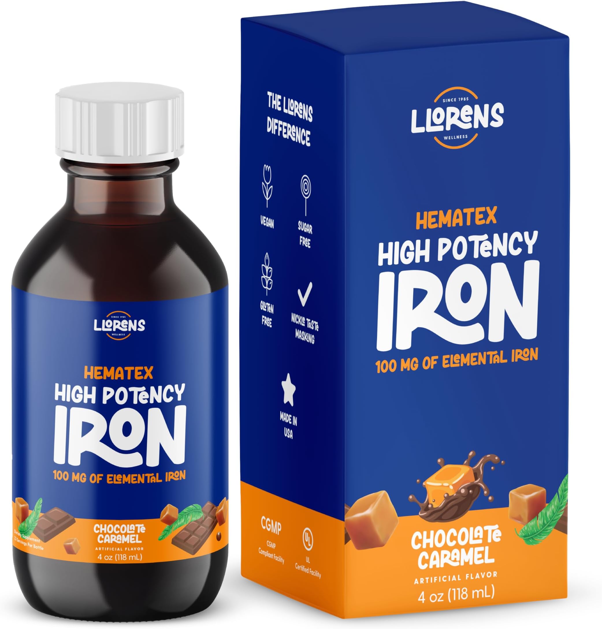 Iron Supplement High Potency Liquid Iron for Adults by Hematex - 100mg Polysaccharide Iron Complex Iron Supplements for Anemia and Iron Deficiency (Chocolate Caramel Flavor)