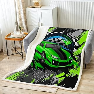 Car Flannel Blanket for Boys Racing Sports Car Sherpa Blanket Kids Extreme Sports Theme Throw Blanket Girls Children Teens Green Cool Speed Automobile Decor Geometric Plush Blanket Twin 60