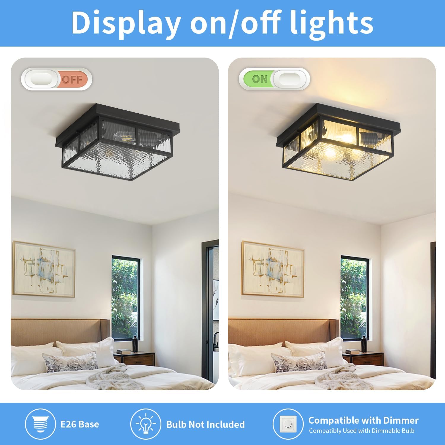 Farmhouse Flush Mount Ceiling Lights Fixtures with Water Ripples Glass Shade,Modern Matte Black Metal Square Ceiling Lamp for Bedroom,Kitchen,Porch,Entryway and Hallway,12 inch,4-Light