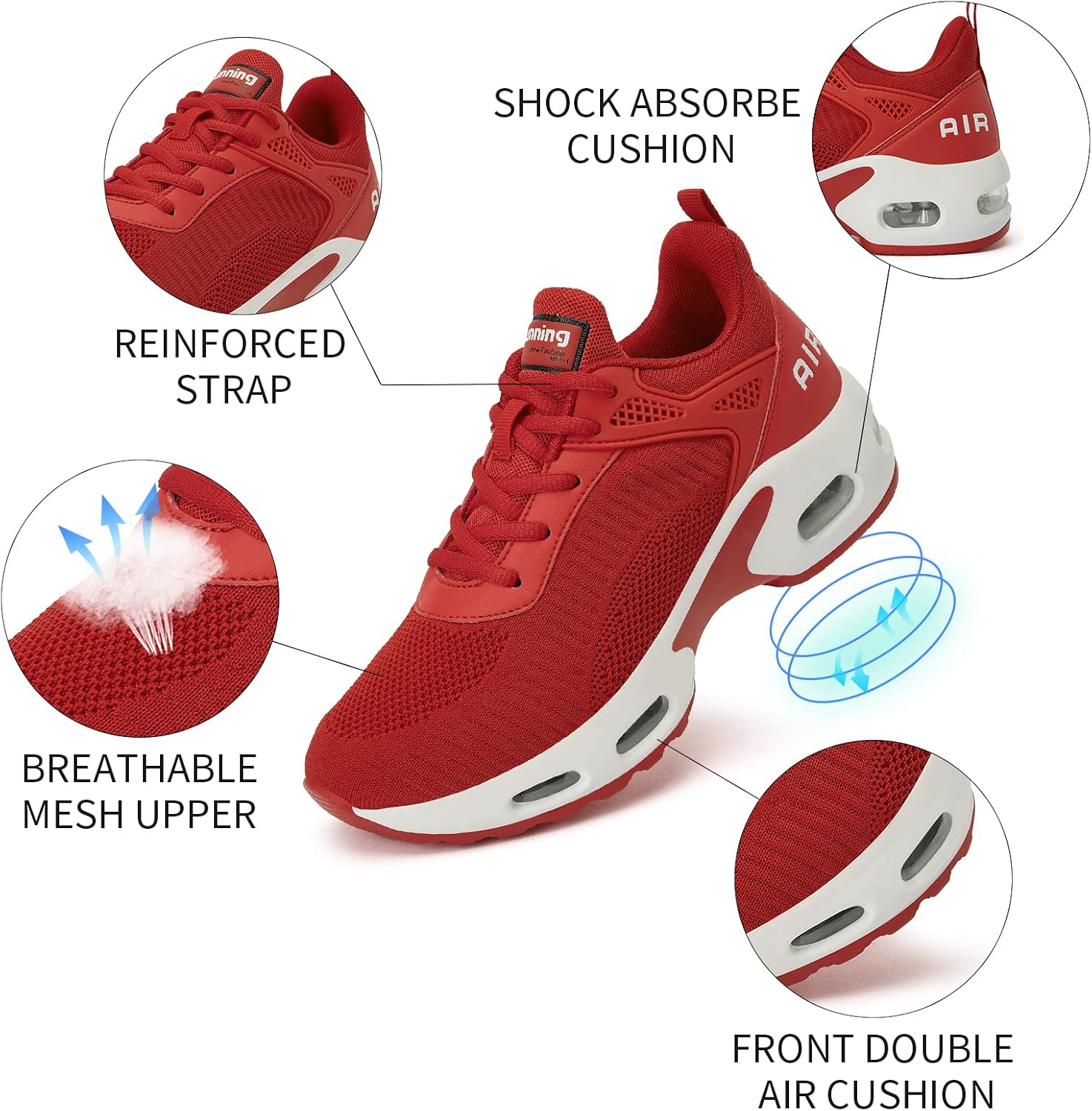  | Womens Air Tennis Running Shoes - Air Cushion Shoes for Womens Mesh Walking Fashion Sneakers Breathable Sport Gym Work Shoes Red | Walking