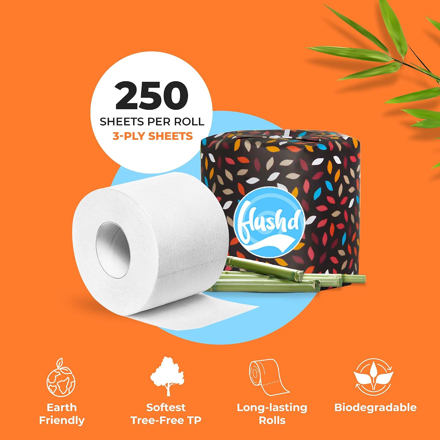 Premium Bamboo Toilet Paper, Zero Waste Tree-Free Tissue Paper, Soft and Strong 3-Ply Fragrance-Free Bamboo Tissues, Non-toxic Septic Safe Toilet Paper, 24 Rolls - Flushd