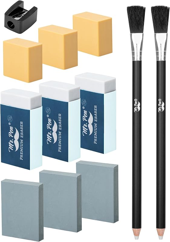 Juego de borradores artísticos, 12 piezas, borradores de lápiz para artistas | Kit de suministros de dibujo, lápices borradores de doble punta con cepillo de limpieza, borradores amasados, suaves y duros, sacapuntas para dibujar