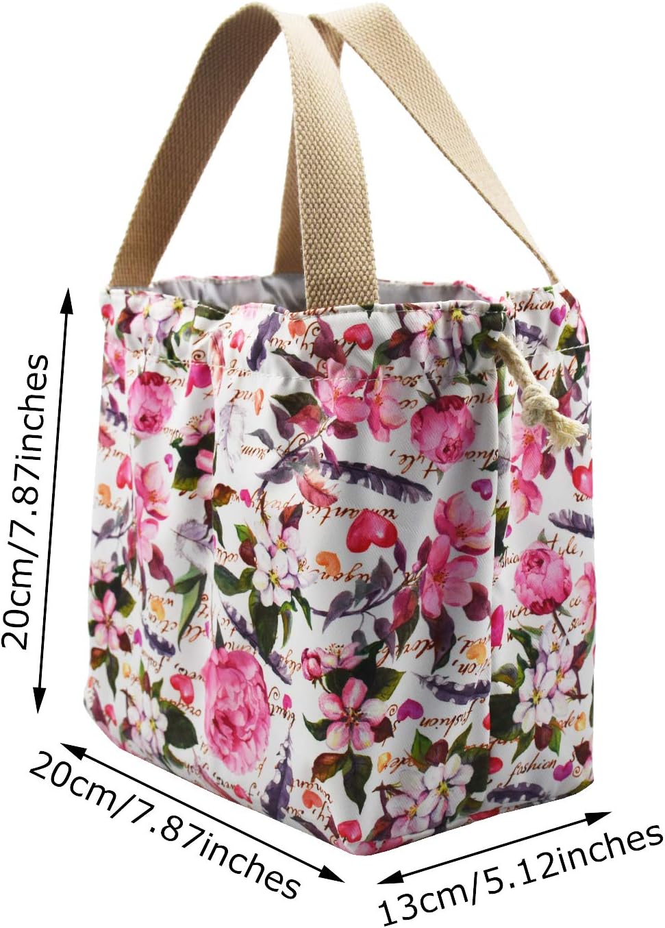 Mini Lunch Tote Pouch Reusable Small Cute Lunch Bag with Drawstring Suitable for Girls Women Flower Pink image 2