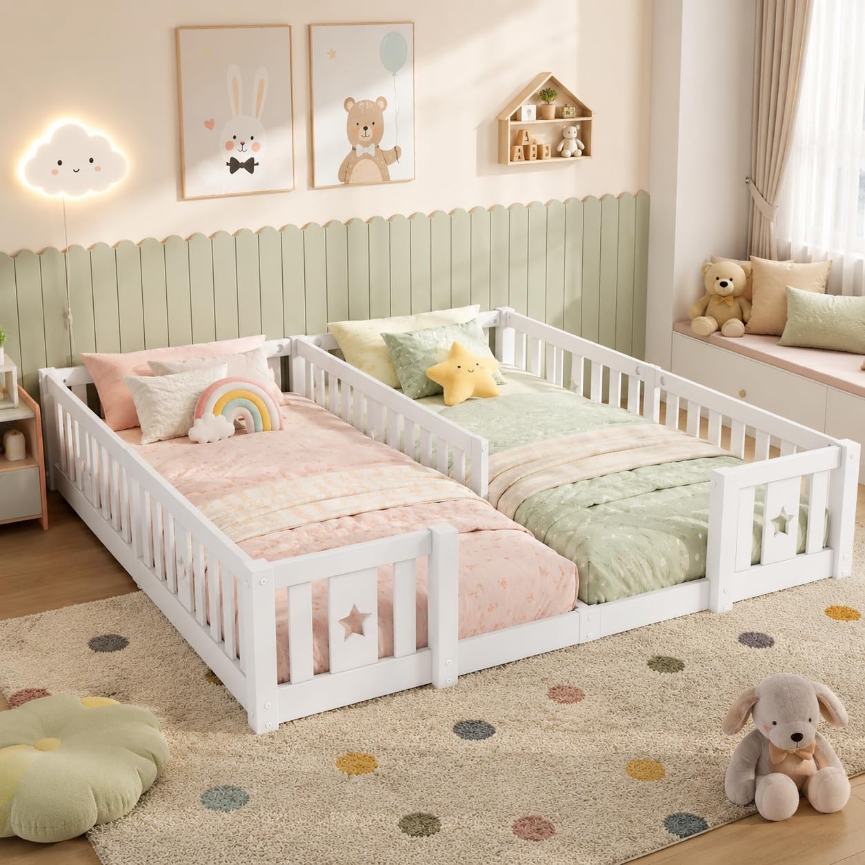 Montessori Cama infantil doble 2 x (90 x 200 cm), marco de madera con barrera de seguridad para 2 niños, color blanco y sin somier de láminas)