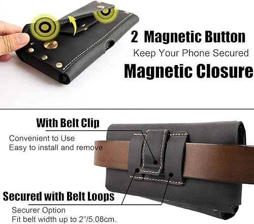 Miniatura 4 de Topstache Funda de piel y cartera con clip para cinturón, dos bolsillos, tarjetero y cierre magnético para iPhone 13 Pro Max y S22 Ultra, color negro