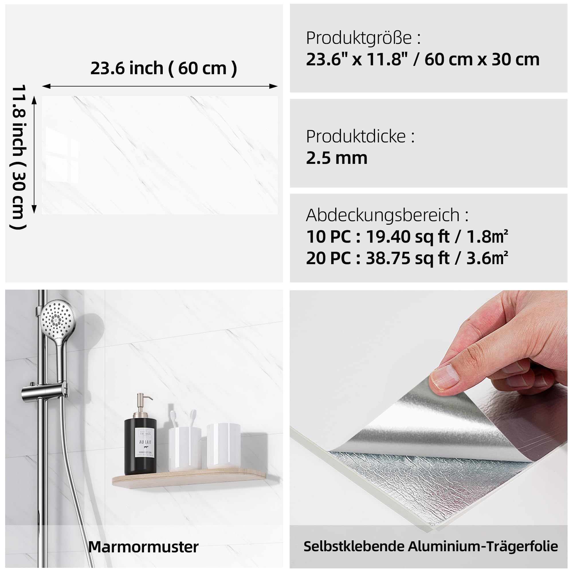 WADILE Selbstklebende Marmor Wandpaneele 60x30 cm, 20er Pack – Wasserdichte PVC Wandfliesen für Küche & Bad, Marmoroptik Küchenrückwand, Fließendes Wolkenweiß