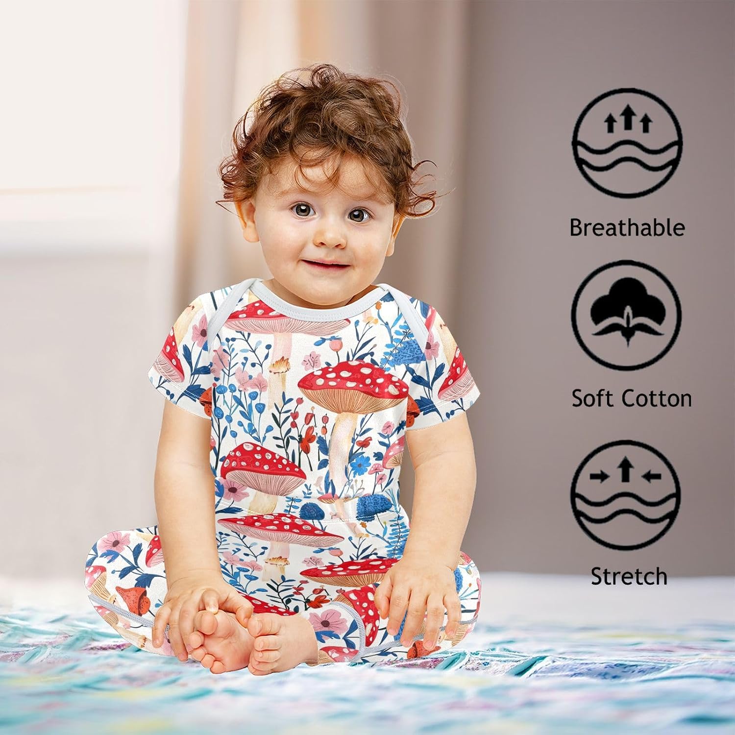 vvfelixl Baby Clothes Red Mushroom Floral Baby Bodysuits Set Unisex Short Sleeve Babys Pants Sets 0-3M