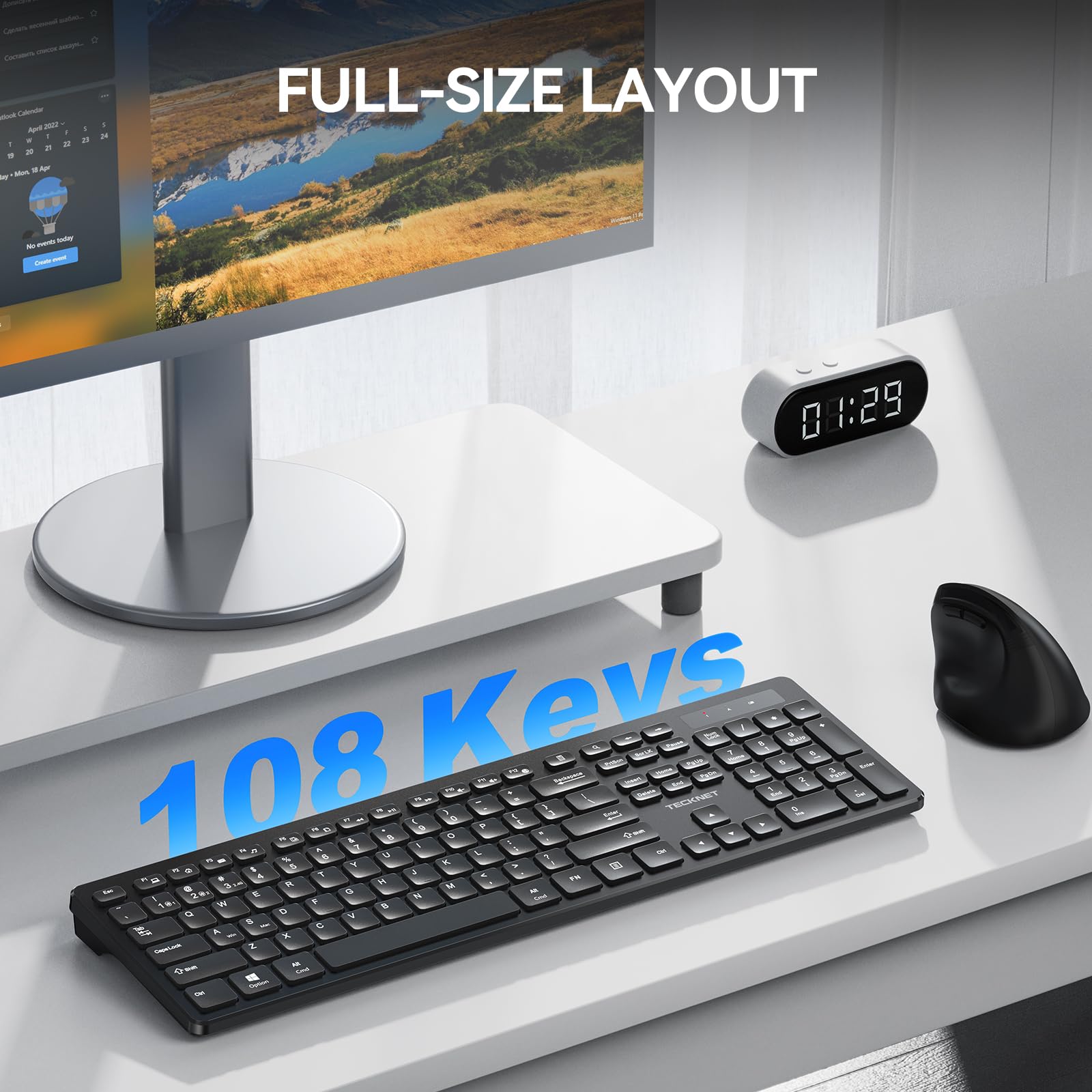 TECKNET Wireless Keyboards, Support 2.4G USB and Bluetooth - Full Size Computer Keyboards with Number Pad, Multi Device for PC, Desktop, Laptop, Tablet, 105 Days Standby Time, Black — view 6