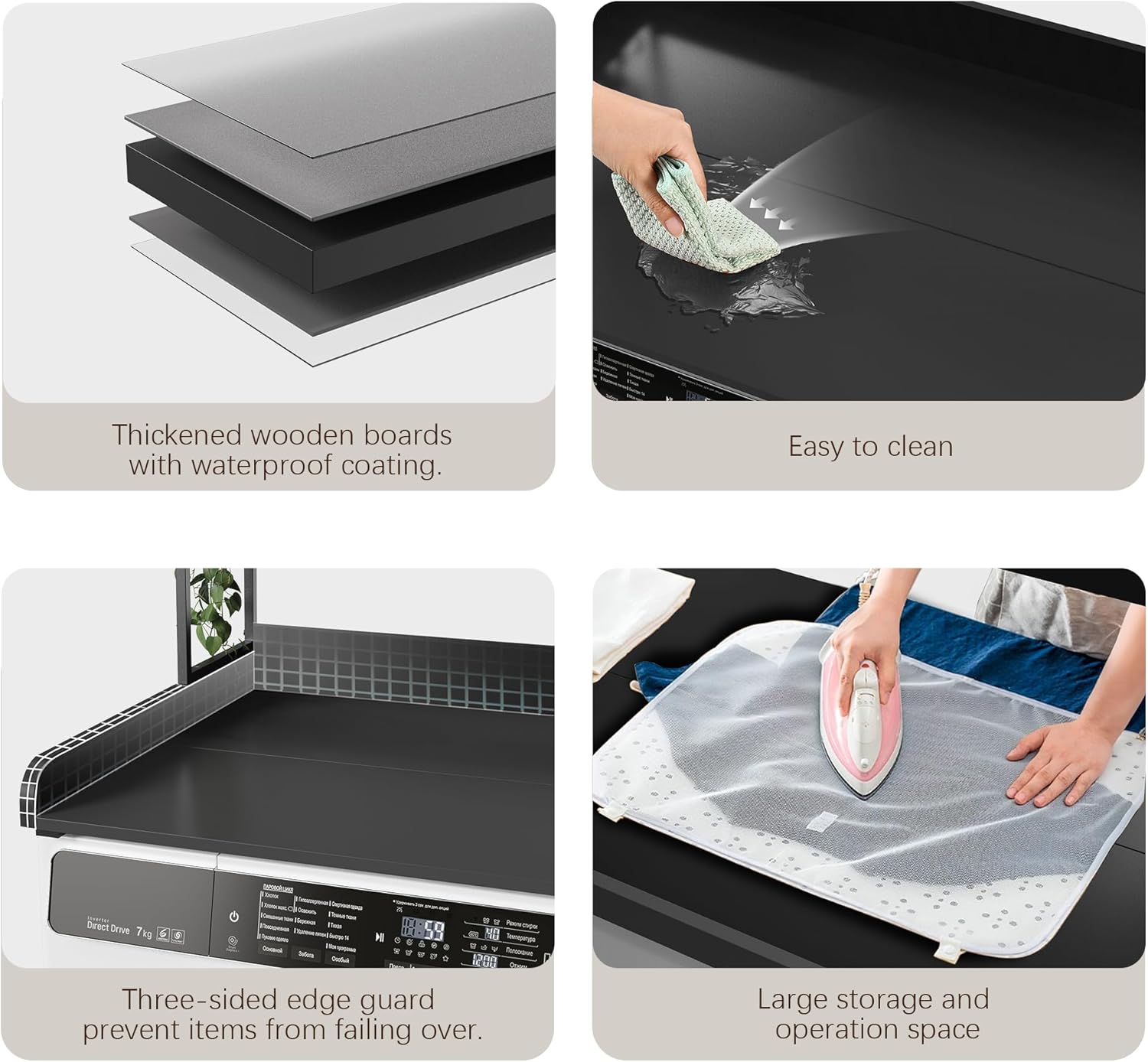 Four panels showing key features: thickened wooden boards, easy cleaning, three-sided edge guard, and large storage space.